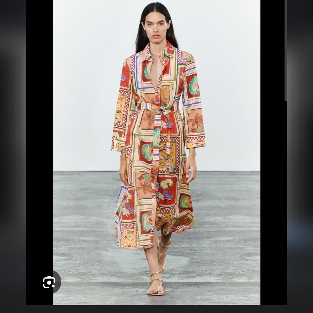 Zara Multicolor Printed Long Sleeve Midi Dress - Orange, Green, Purple